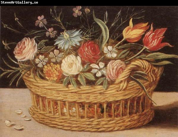 unknow artist Still life of roses,tulips,chyrsanthemums and cornflowers,in a wicker basket,upon a ledge